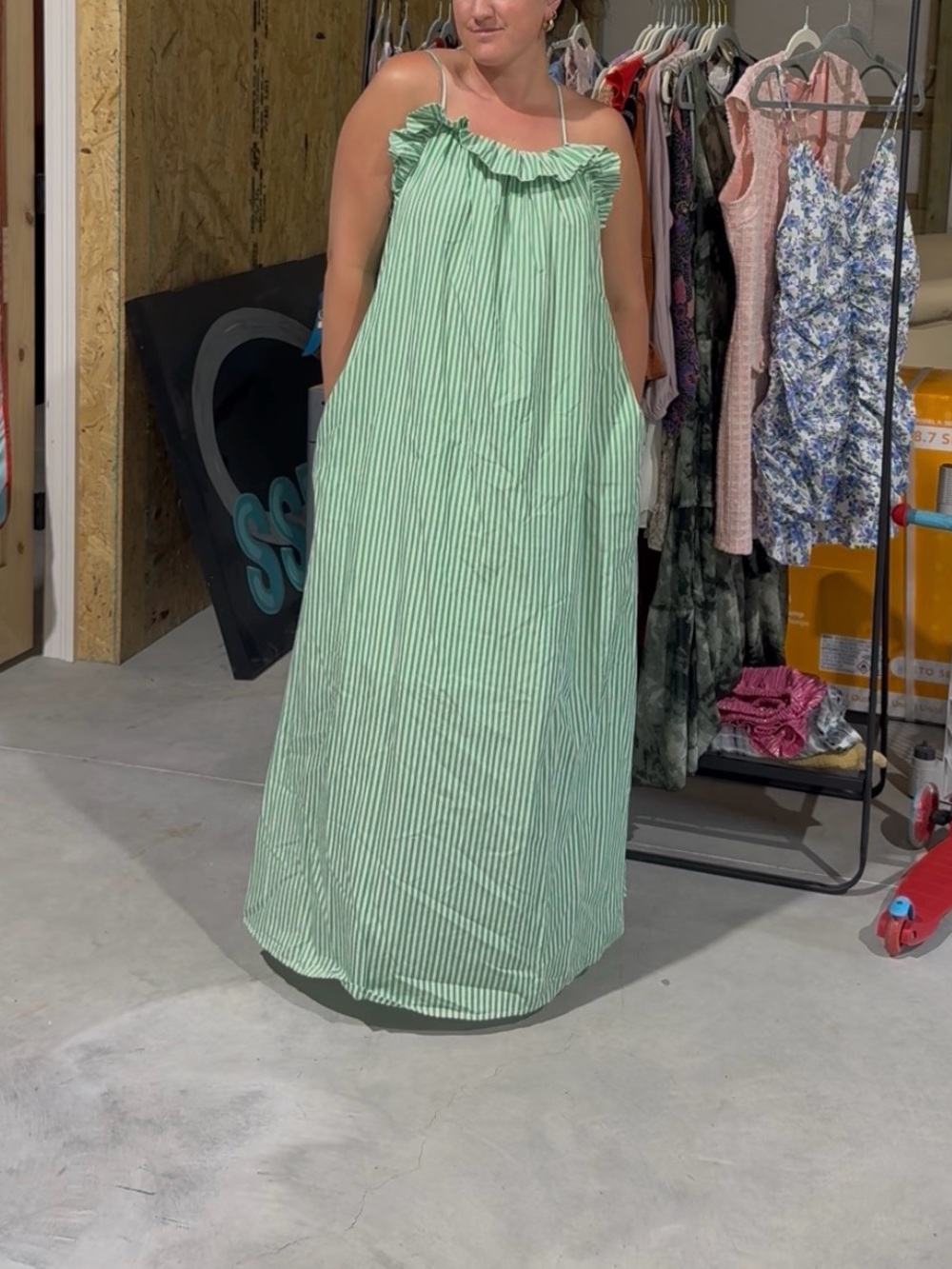 Karlie Light Green Striped Ruffle Maxi Dress - Sleeveless Dress